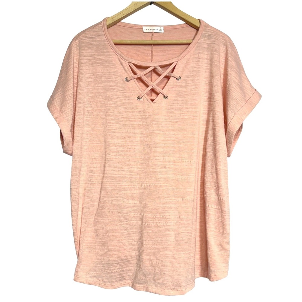 Retrology Pullover Top Womens Lace Up Neckline 2X Baby Pink Short Sleeve Sparkly